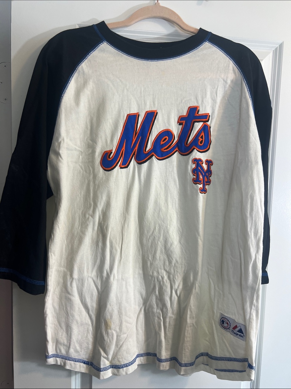 Majestic New York Mets White and Black Raglan Shirt with Blue & Orange Logo